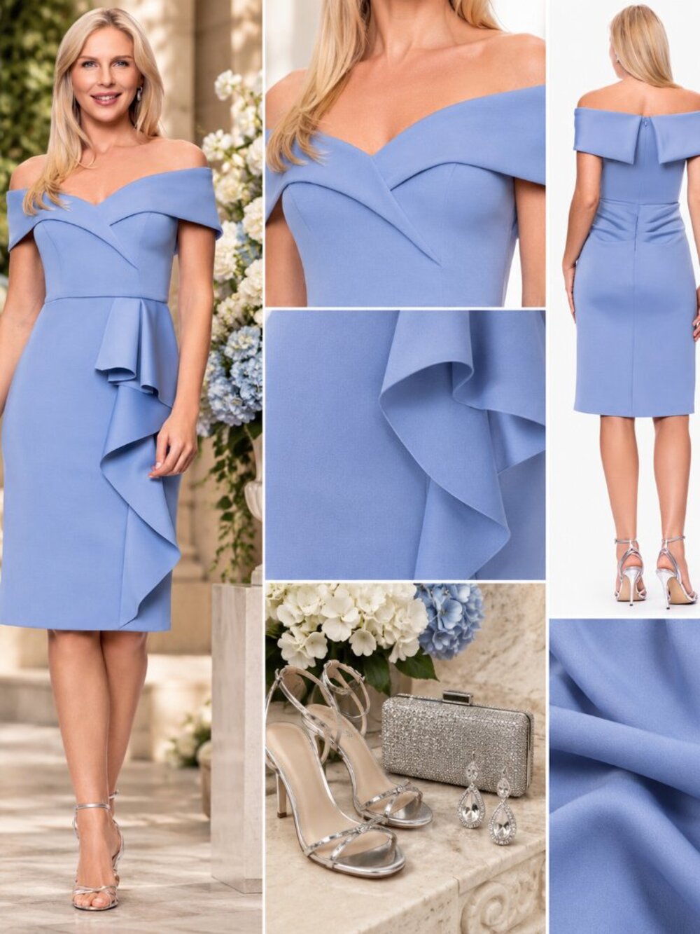 XSCAPE Slate Blue Off Shoulder Ruffle Midi Dress Size 14 NWT